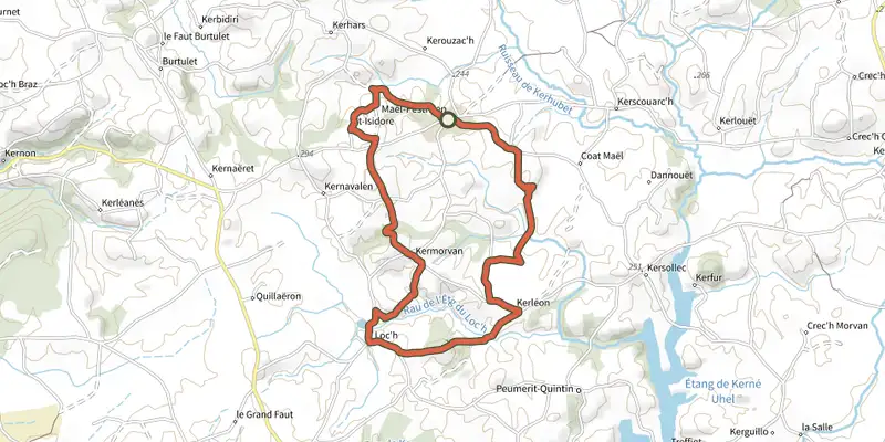 Carte du tracé de Circuit de la Chaire des Druides - Maël-Pestivien sur le Plan IGN, départ et points de passage numérotés
