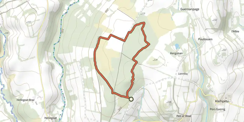 Carte du tracé de Balade sur les landes de Saint Maudez - Plourac'h sur le Plan IGN, départ et points de passage numérotés