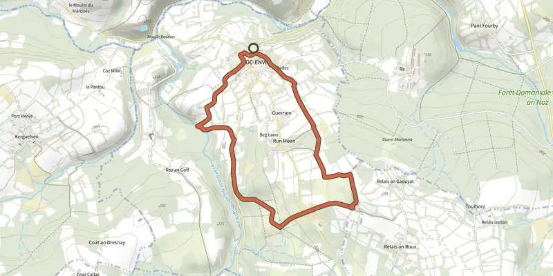 Map of the Le sentier des landes track on the IGN map, with the start and numbered waypoints