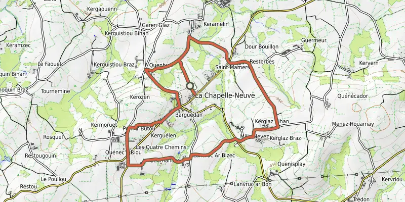 Map of the Tro ar chapel bian track on OpenTopoMap, with the start and numbered waypoints