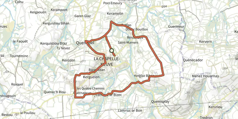 Carte du tracé de Tro ar chapel bian sur le Plan IGN, départ et points de passage numérotés