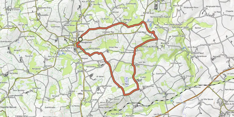 Map of the A la découverte d'une campagne verdoyante track on OpenTopoMap, with the start and numbered waypoints