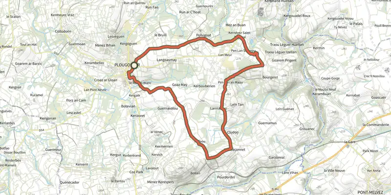 Carte du tracé de A la découverte d'une campagne verdoyante sur le Plan IGN, départ et points de passage numérotés