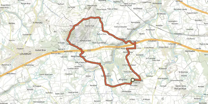 Map of the Circuit du Ménez Bré - Tréglamus track on OpenTopoMap, with the start and numbered waypoints