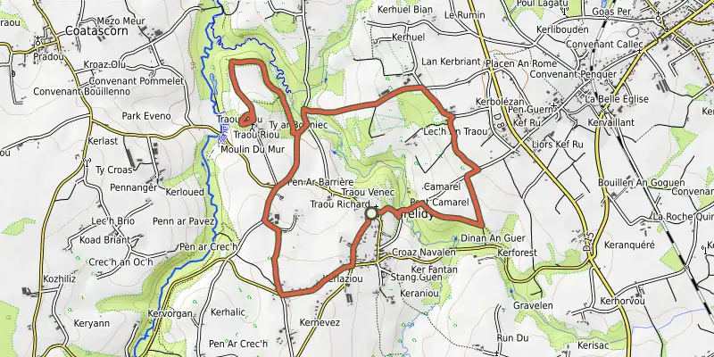 Map of the Circuit à travers le Théoulas - Brélidy track on the IGN map, with the start and numbered waypoints