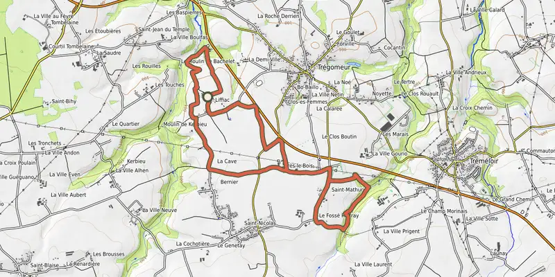 Map of the Circuit des deux rivières track on OpenTopoMap, with the start and numbered waypoints