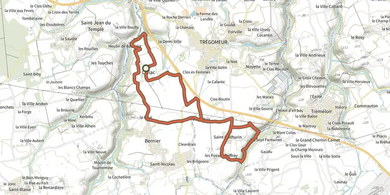 Carte du tracé de Circuit des deux rivières sur le Plan IGN, départ et points de passage numérotés