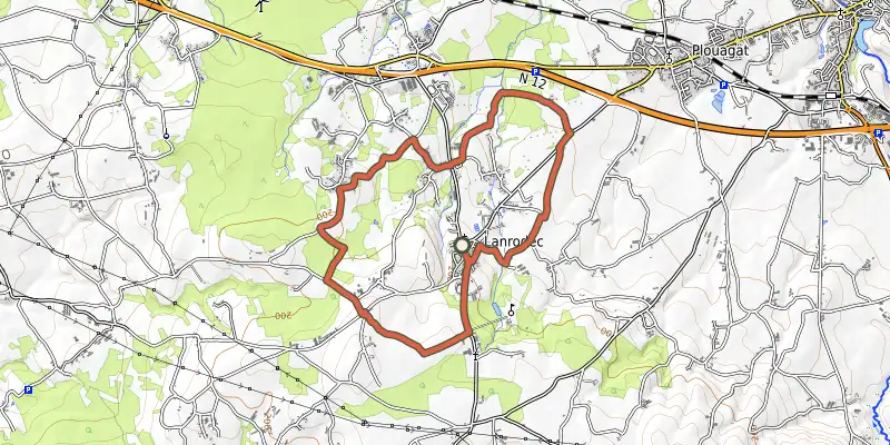 Carte du tracé de Balade Nord de Lanrodec sur le Plan IGN, départ et points de passage numérotés