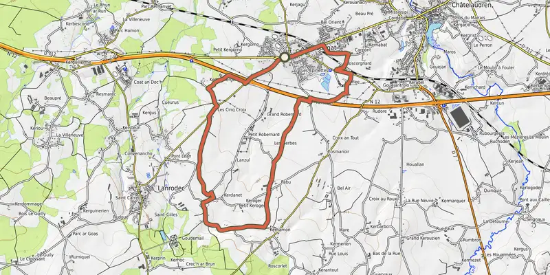 Carte du tracé de Circuit de Plouagat sur OpenTopoMap, départ et points de passage numérotés