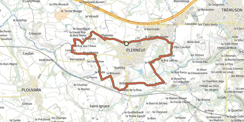 Carte du tracé de Circuit du Télégraphe sur le Plan IGN, départ et points de passage numérotés