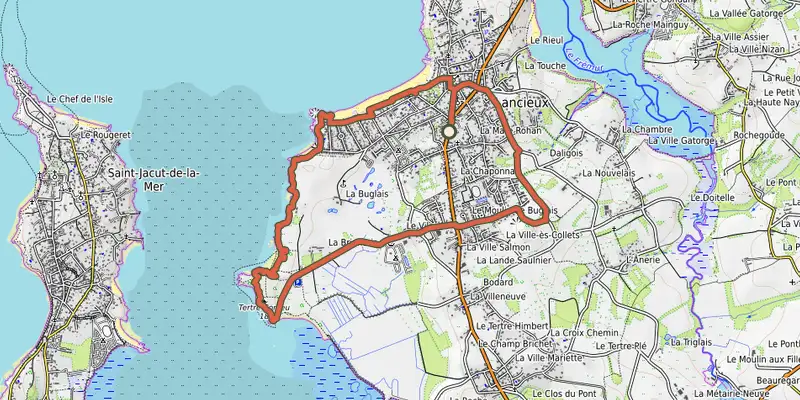 Map of the Chemin des Poissonniers track on OpenTopoMap, with the start and numbered waypoints
