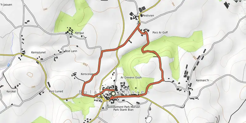 Map of the Circuit des tailleurs de pierre - Bulat-Pestivien track on OpenTopoMap, with the start and numbered waypoints
