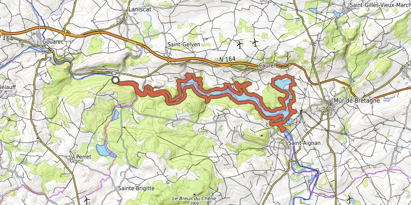 Map of the Le tour du lac de Guerlédan track on the IGN map, with the start and numbered waypoints