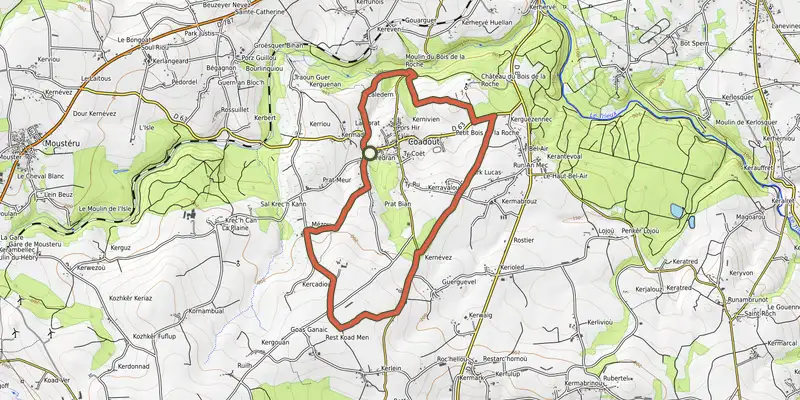 Carte du tracé de Saint Iltud sur OpenTopoMap, départ et points de passage numérotés
