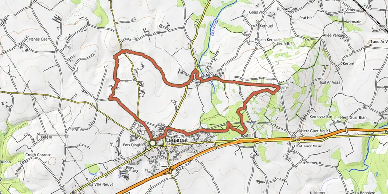 Map of the Au delà du Ménez Bré et du Géant de pierre de Pergat - Louargat track on OpenTopoMap, with the start and numbered waypoints