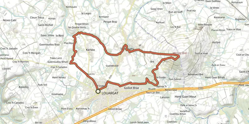 Carte du tracé de Au delà du Ménez Bré et du Géant de pierre de Pergat sur le Plan IGN, départ et points de passage numérotés