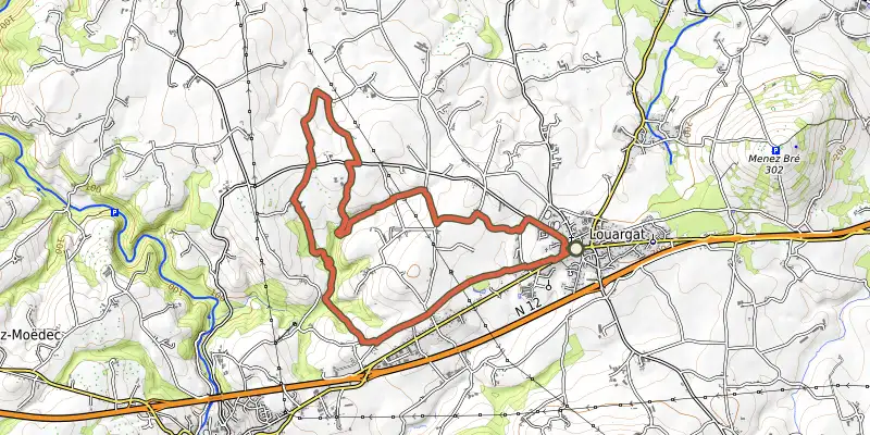 Map of the Au fil de l'eau track on OpenTopoMap, with the start and numbered waypoints