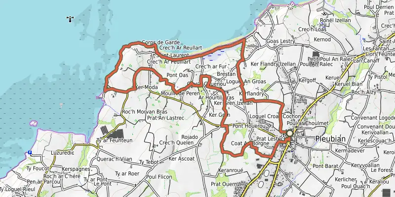 Map of the Circuit de Brestan track on OpenTopoMap, with the start and numbered waypoints
