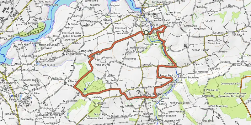 Carte du tracé de Autour de Hengoat par la vallée du Bizien sur le Plan IGN, départ et points de passage numérotés