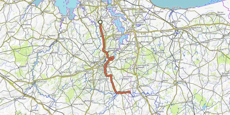 Map of the V42 - Manche Océan : Saint-Malo - Rennes - Redon track on OpenTopoMap, with the start and numbered waypoints