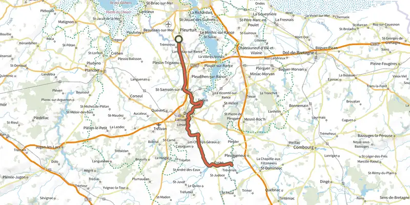 Carte du tracé de V42 - Manche Océan : Saint-Malo - Rennes - Redon sur le Plan IGN, départ et points de passage numérotés