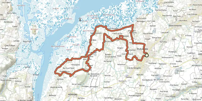 Map of the Circuit de Brestan à Port Béni track on the IGN map, with the start and numbered waypoints