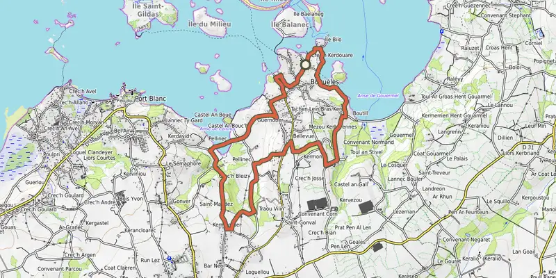Map of the Autour de Buguélès track on OpenTopoMap, with the start and numbered waypoints