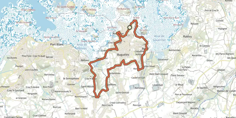 Carte du tracé de Autour de Buguélès sur le Plan IGN, départ et points de passage numérotés
