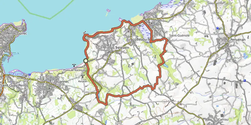 Map of the Mer et vallées de Trélévern au Trévou track on OpenTopoMap, with the start and numbered waypoints