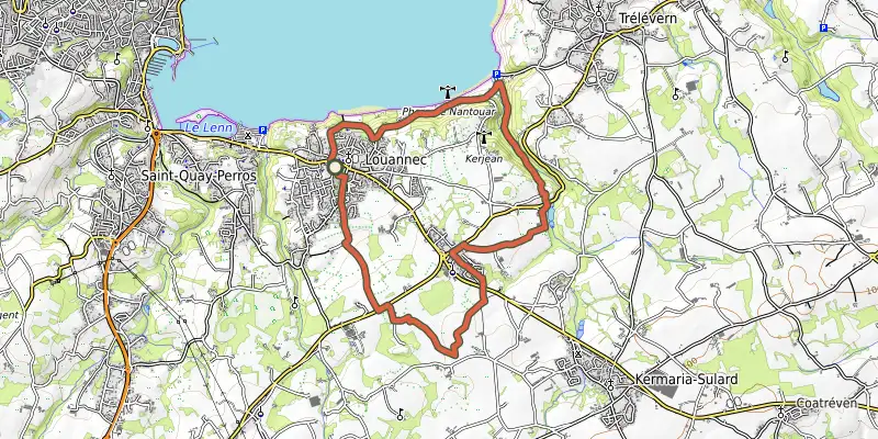 Carte du tracé de Circuit des Moulins en Louannec sur OpenTopoMap, départ et points de passage numérotés