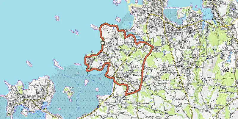 Map of the La presqu'île de Landrellec track on the IGN map, with the start and numbered waypoints