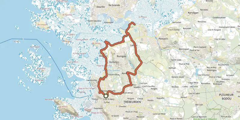 Map of the Circuit des Mégalithes track on the IGN map, with the start and numbered waypoints