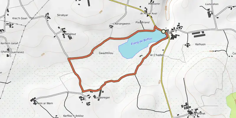 Map of the Autour de l'étang de Beffou track on OpenTopoMap, with the start and numbered waypoints