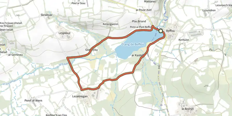 Map of the Autour de l'étang de Beffou track on the IGN map, with the start and numbered waypoints