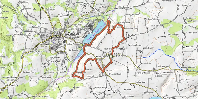 Map of the Autour du Bourg de Plougras track on OpenTopoMap, with the start and numbered waypoints