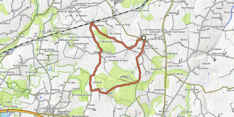 Carte du tracé de Circuit de Kersalvy sur OpenTopoMap, départ et points de passage numérotés