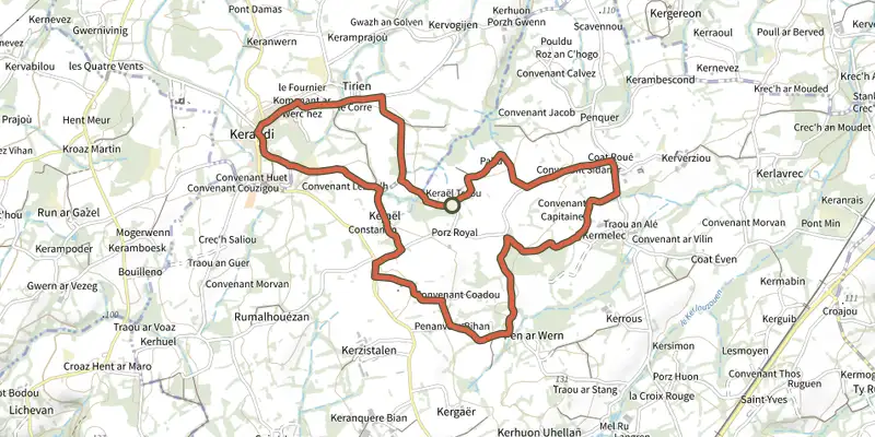 Map of the Circuit de Penn ar Wern track on OpenTopoMap, with the start and numbered waypoints