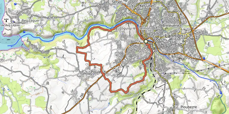 Carte du tracé de De St-Herbot à Loguivy-les-Lannion sur OpenTopoMap, départ et points de passage numérotés
