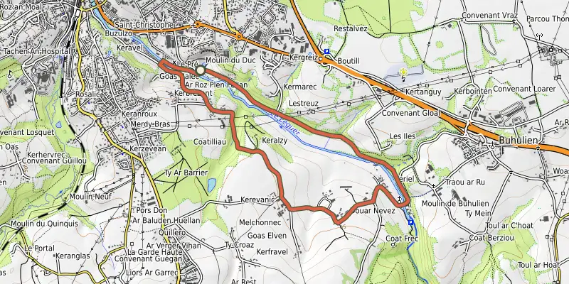 Carte du tracé de Moulins et Manoirs au départ de Lannion sur OpenTopoMap, départ et points de passage numérotés