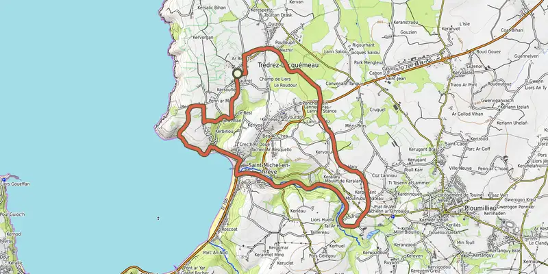 Map of the La grève de Saint-Michel track on OpenTopoMap, with the start and numbered waypoints