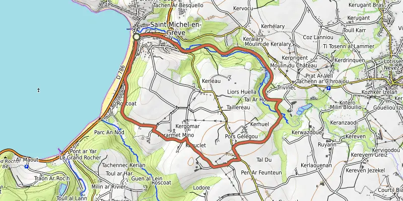 Map of the Petit circuit de Saint-Michel-en-Grève track on the IGN map, with the start and numbered waypoints