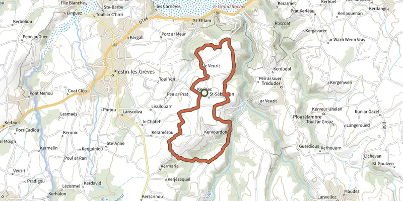 Carte du tracé de Boucle de Saint-Sébastien sur le Plan IGN, départ et points de passage numérotés
