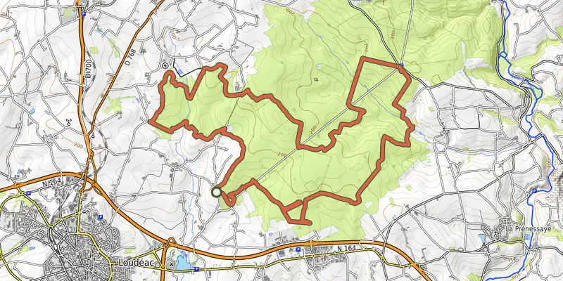 Map of the Circuit des chevreuils n°25 track on OpenTopoMap, with the start and numbered waypoints