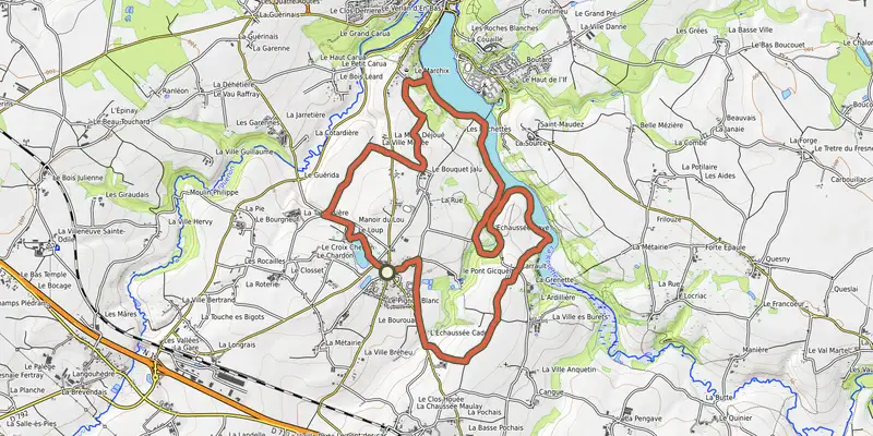 Carte du tracé de Circuit du Lou au Lac sur le Plan IGN, départ et points de passage numérotés