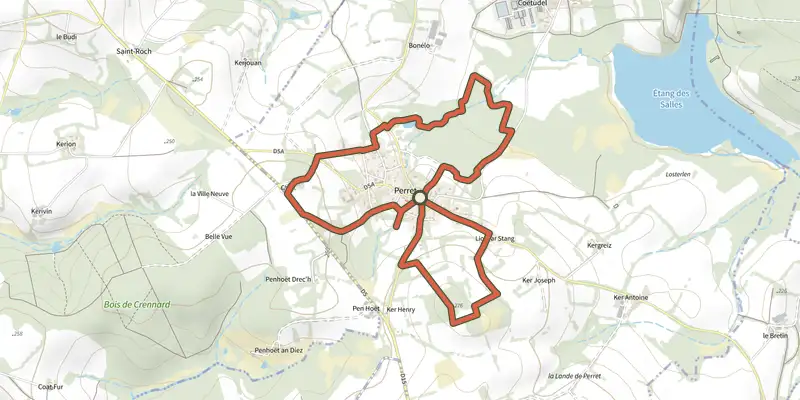 Map of the Autour De Pen Reth track on OpenTopoMap, with the start and numbered waypoints
