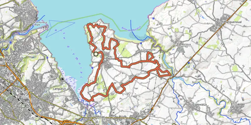Carte du tracé de Circuit VTT n°12 - Hillion (bleu) sur OpenTopoMap, départ et points de passage numérotés