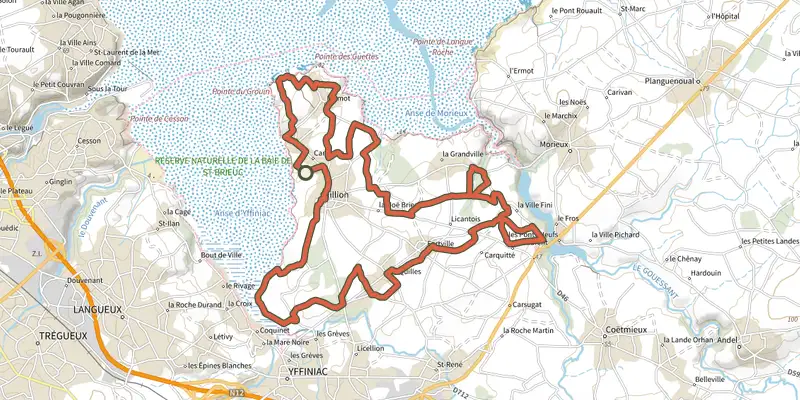 Map of the Circuit VTT n°12 - Hillion (bleu) track on the IGN map, with the start and numbered waypoints