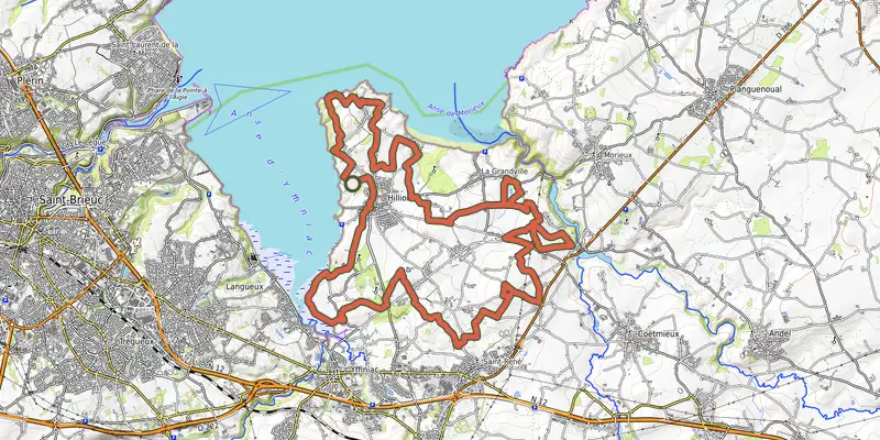 Map of the Circuit VTT n°22 - Hillion (bleu) track on the IGN map, with the start and numbered waypoints