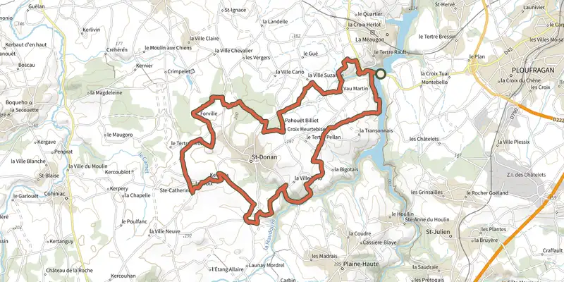 Map of the Circuit VTT n°10 - Saint-Donan // Ploufragan // La Méaugon (bleu) track on OpenTopoMap, with the start and numbered waypoints