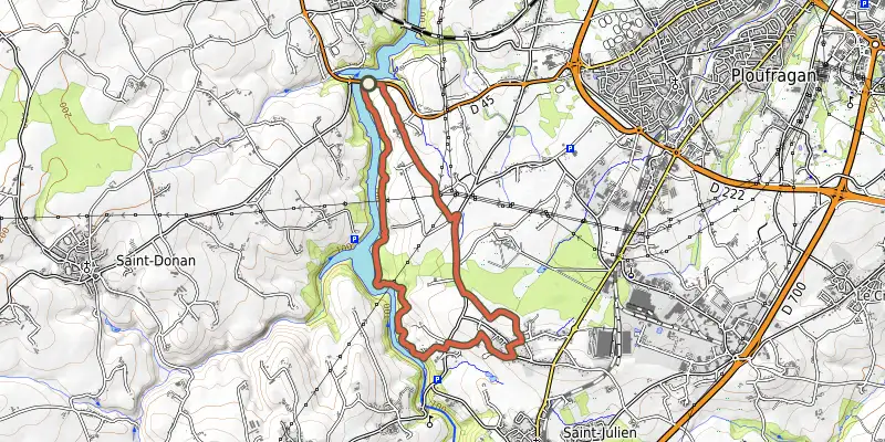 Map of the Circuit VTT 19 - Ploufragan (variante) track on OpenTopoMap, with the start and numbered waypoints